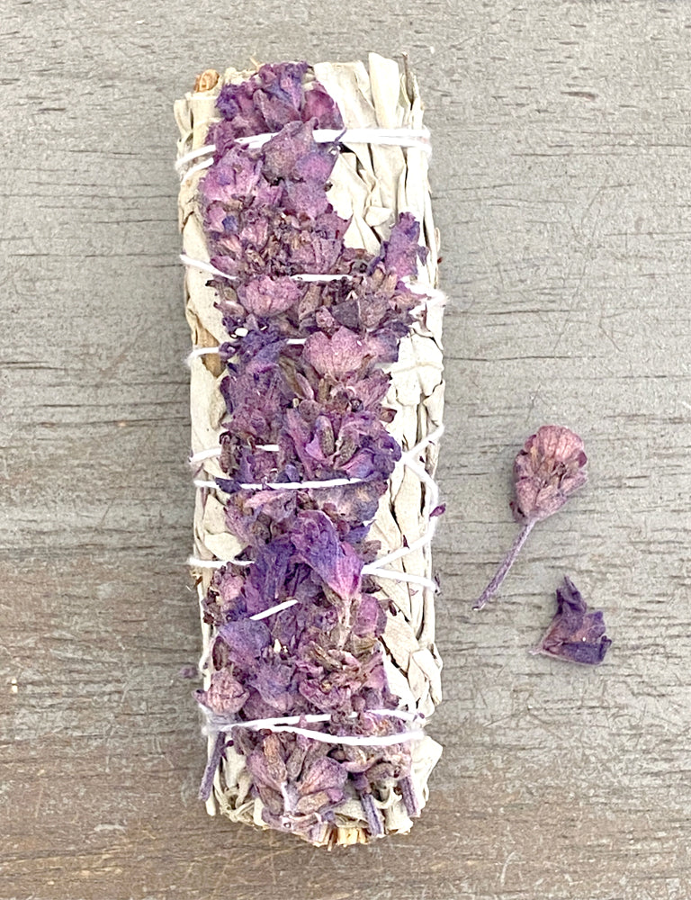 White Sage Smudge Stick with Lavender Flowers