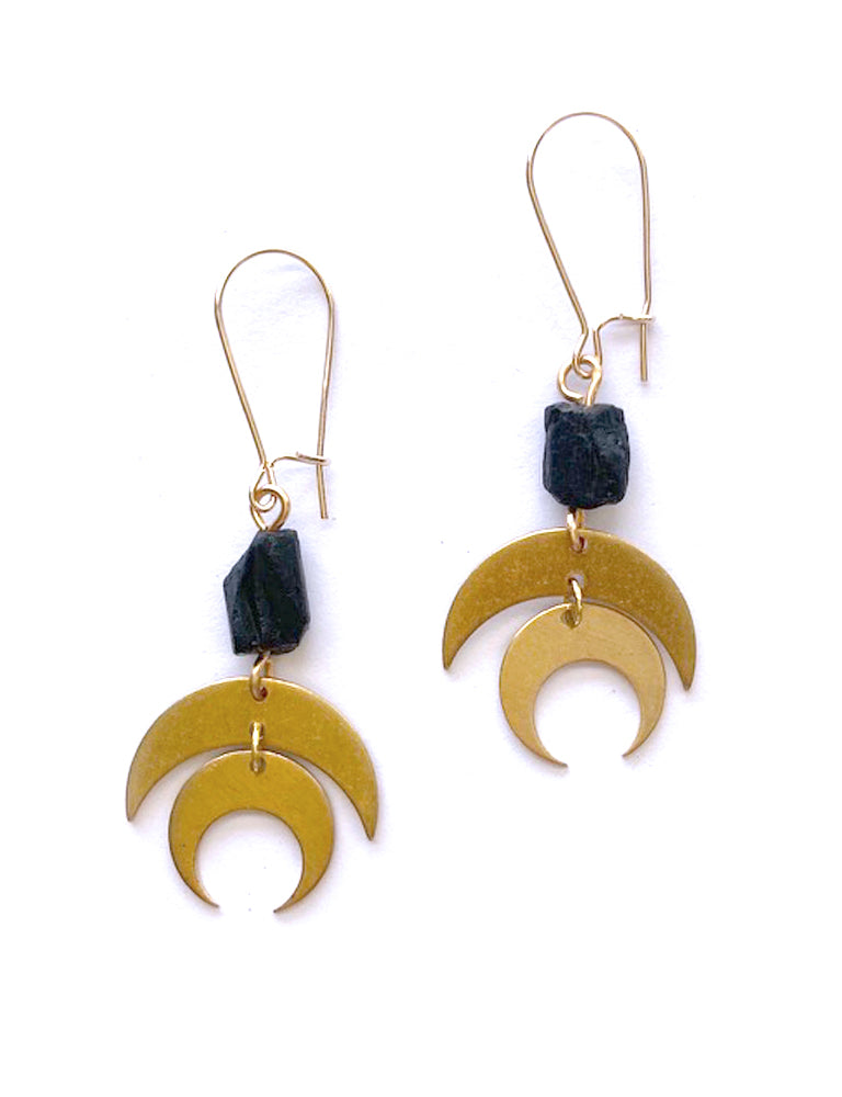 Brass Moon + Black Tourmaline Earrings