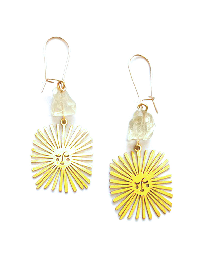 Brass Sun + Lemon Quartz Earrings
