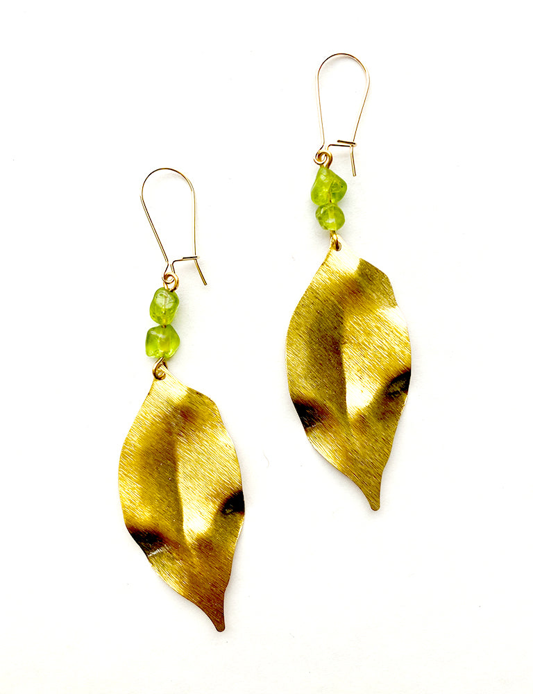 Peridot + Brass Leaf Earrings