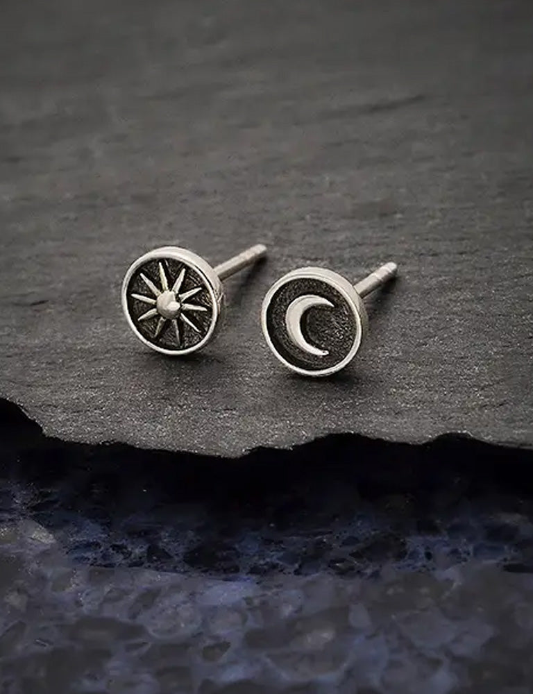Sterling Silver Raised Sun + Moon Post Earrings