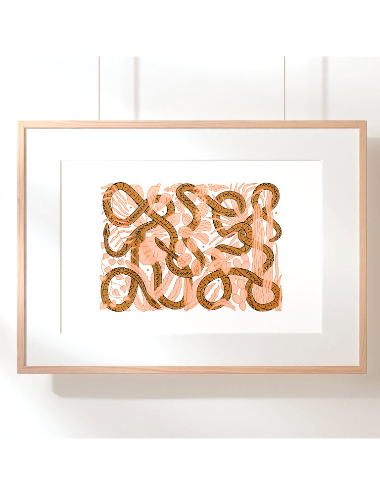 Rust Snake with Pink Leaves Print