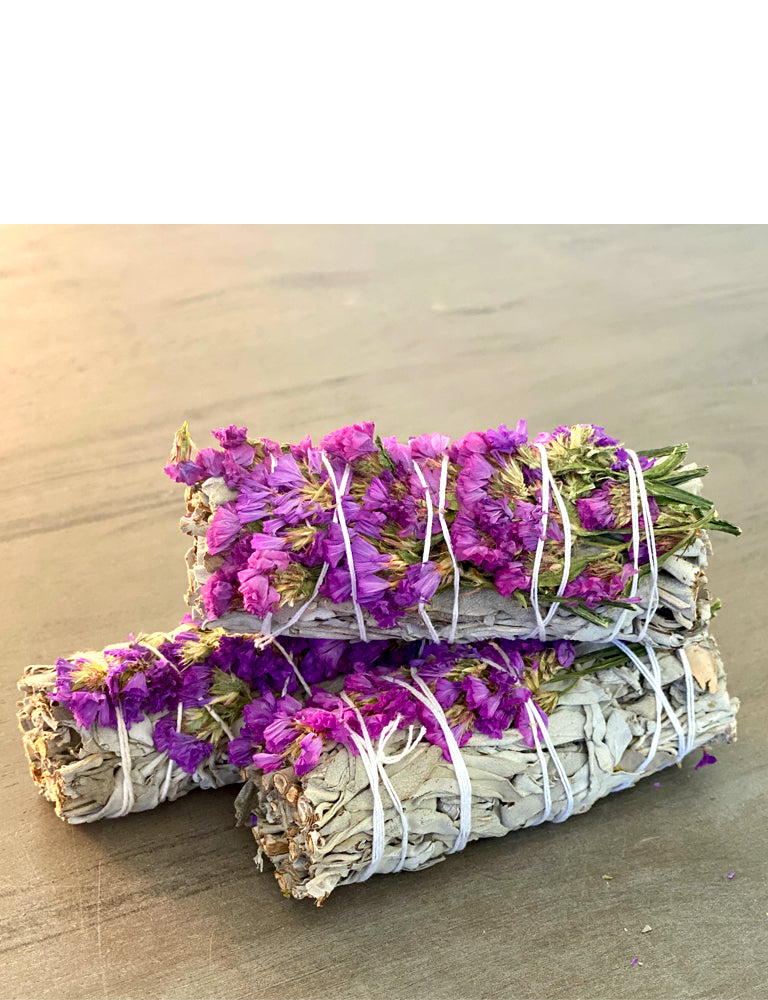 White Sage Smudge Stick with Purple Flowers