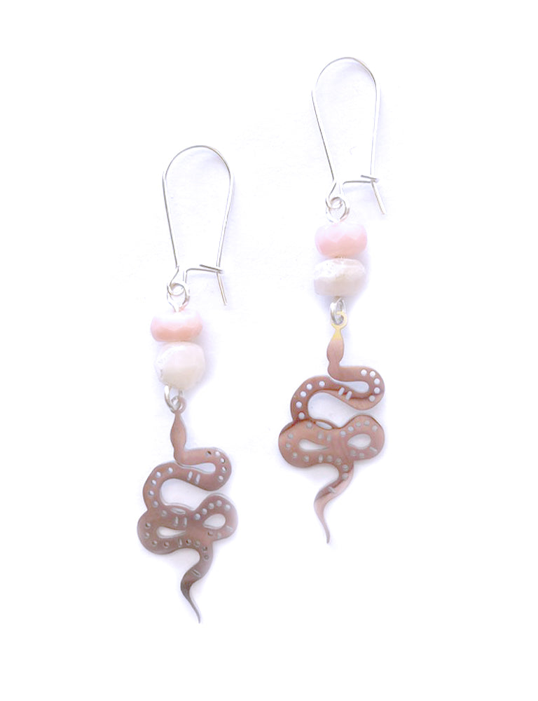 Pink Opal + Small Silver Snake Earrings