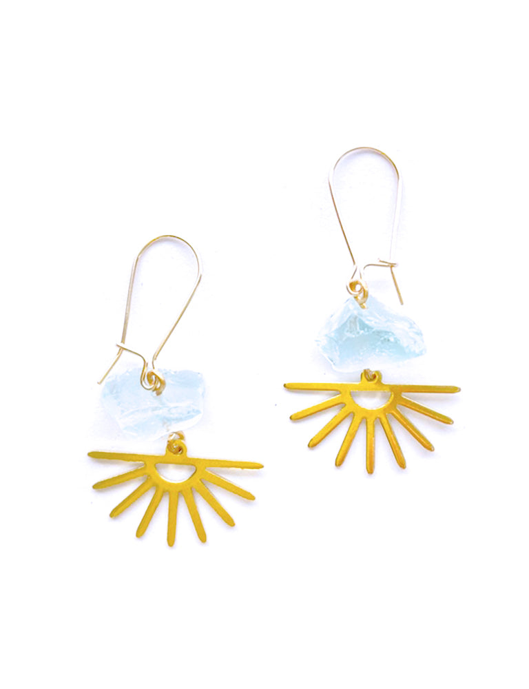 Small Aquamarine Brass Burst Earrings