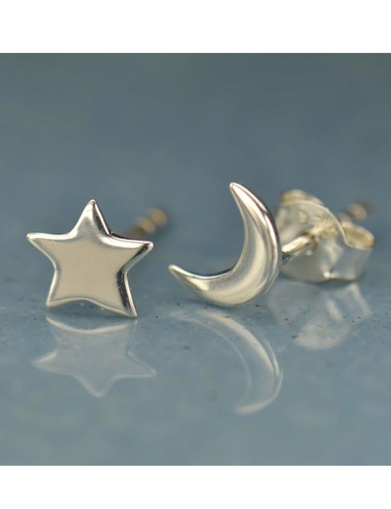 Sterling Silver Stud Earrings - Star and Moon
